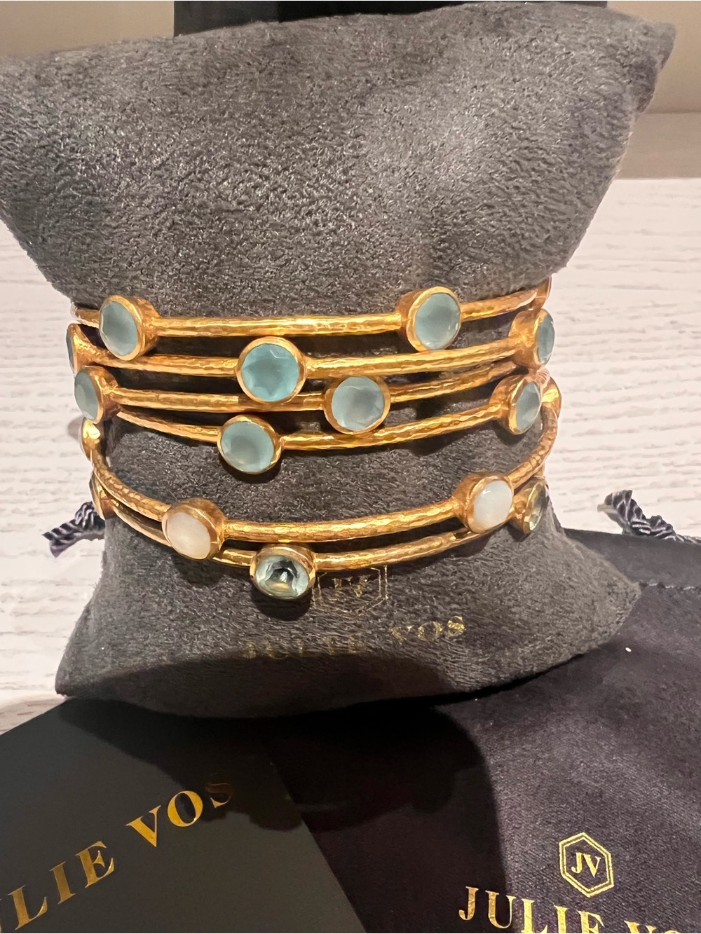 Julie Vos Gold Milano Luce Bangle Stack with Blue, Green and White Stones - Picture 4 of 6